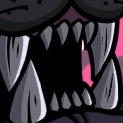 A close-up cartoon illustration shows a monstrous dark gray face with sharp, jagged teeth bared in a menacing grimace.