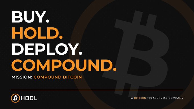 A promotional graphic for B HODL featuring the bold orange-and-white text "BUY. HOLD. DEPLOY. COMPOUND." alongside a faded Bitcoin logo, with the company's identity as "A BITCOIN TREASURY 2.0 COMPANY" displayed beneath the mission statement "COMPOUND BITCOIN." The image reinforces the company's strategic philosophy as described in the post, which highlights B HODL's share repurchase approach of 618K shares for $43,400 as a means to increase Bitcoin per share rather than making direct BTC acquisitions.