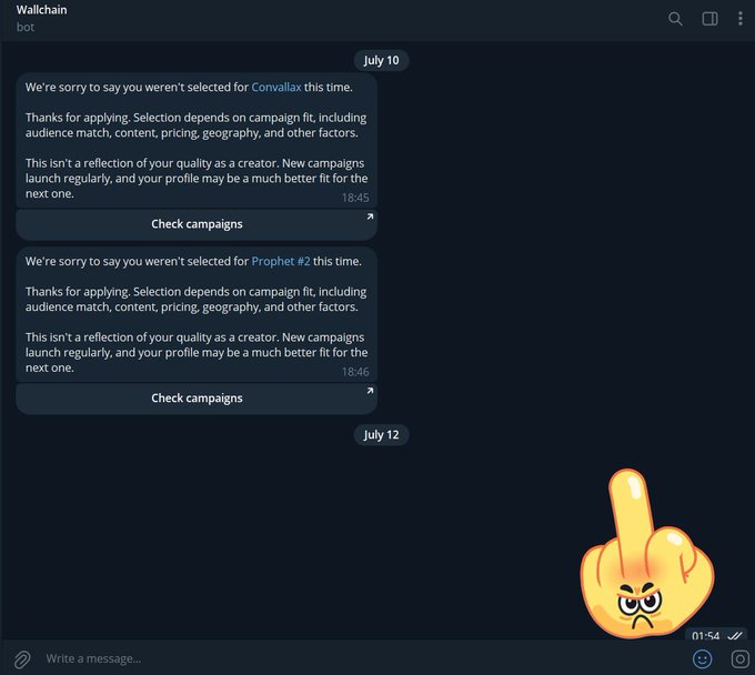 A Telegram chat screenshot from the Wallchain bot showing rejection messages for "Convallax" and "Prophet #2" campaigns dated July 10 and 12, with a frustrated pointing finger emoji sticker.