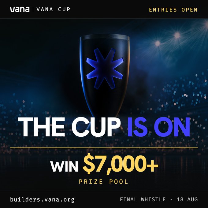 A promotional graphic for the Vana Cup competition, featuring a sleek black trophy with a blue star emblem against a stadium backdrop with sparklers. The bold text "THE CUP IS ON" headlines the ad, highlighting a $7,000+ prize pool, with entries open and a final deadline of August 18 at builders.vana.org.