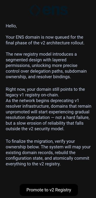A dark-themed email or notification from "ens" about a domain v2 architecture rollout, explaining the registry migration and offering a "Promote to v2 Registry" button at the bottom.