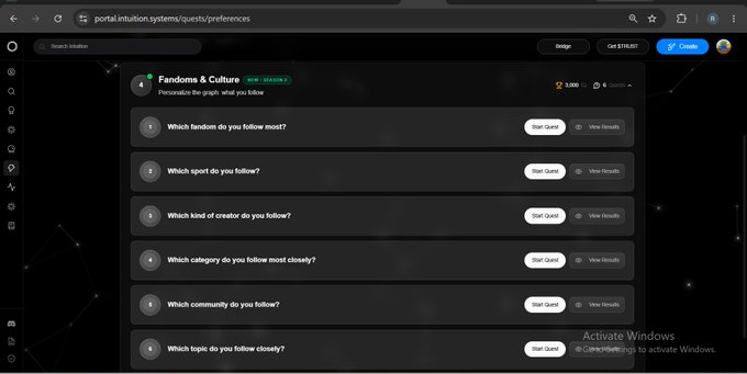 The image shows the Intuition Portal's "Fandoms & Culture" quest page at portal.intuition.systems/quests/preferences, displaying personalized survey questions about user interests (fandoms, sports, creators, categories, communities, and topics). Each question offers "Start Quest" and "View Results" options, with 7,885 participants and 3,600 IQ points indicated as the reward for completion, matching the post about earning 3,000 XP through these quests.
