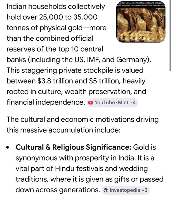 The image shows an article snippet claiming Indian households collectively hold 25,000–35,000 tonnes of physical gold—worth $3.8–$5 trillion—exceeding the reserves of the top 10 central banks, citing cultural and wealth-preservation motives. The post celebrates this as a bullish example of "self-custody" wealth storage, using India's massive private gold stockpile as an analogy to promote Bitcoin's similar narrative of sovereign, untrackable asset ownership outside traditional financial systems.