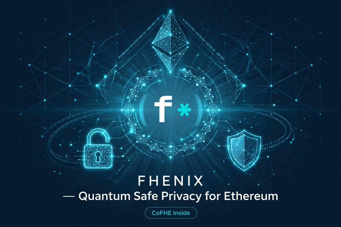 Promotional graphic for Fhenix, featuring the Ethereum diamond logo and the text 'Quantum Safe Privacy for Ethereum' and 'CoFHE Inside' on a dark blue background with digital security icons.