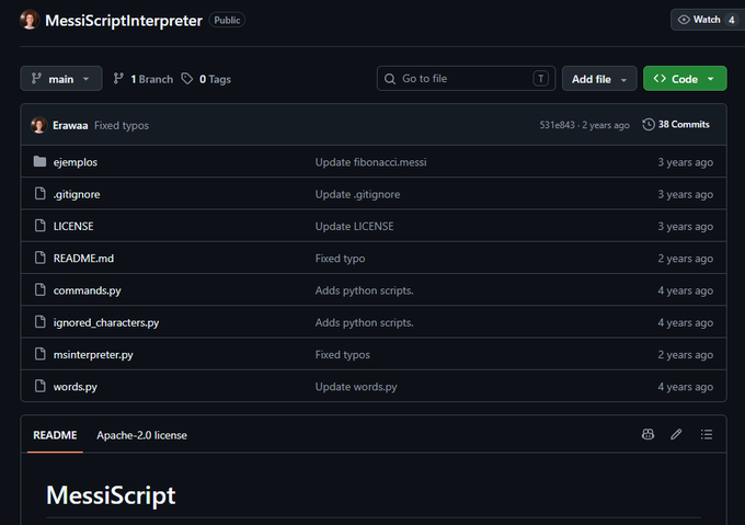 A GitHub repository page for "MessiScriptInterpreter" (Public) by Erawaa, showing a file list including commands.py, interpreter.py, and words.py with 38 commits.