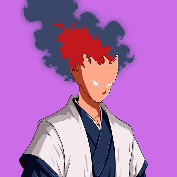An anime-style illustration of a character with a faceless head, flaming red hair, and dark smoke, wearing a white and blue robe against a purple background.