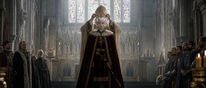 A regal coronation ceremony unfolds in an ornate Gothic cathedral, where a figure adorned in luxurious red and gold robes is crowned, surrounded by solemn nobles in period attire under the glow of stained glass windows and candlelight. The grandiose imagery of a royal ascension mirrors the post's reference to "皇冠加冕" (crown coronation), symbolizing a triumphant, king-making moment—fittingly tied to the pursuit of a breakout 100x opportunity on the BSC (Binance Smart Chain) within the GameFi space.