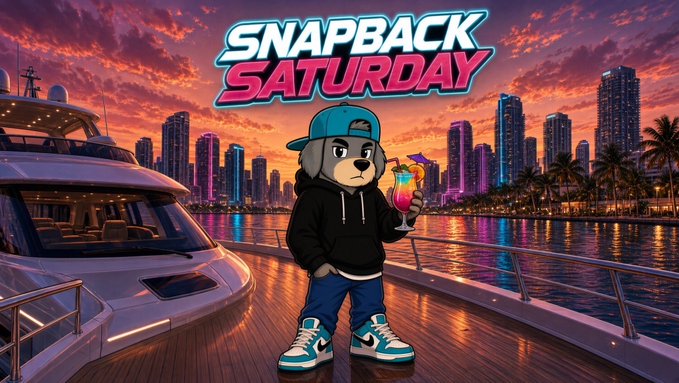 Digital illustration titled 'SNAPBACK SATURDAY' featuring a teddy bear mascot in a backwards cap, black hoodie, and blue/white sneakers holding a tropical drink on a yacht at sunset with a city skyline.