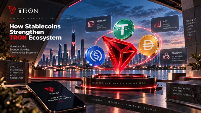 A promotional graphic for TRON highlighting 'How Stablecoins Strengthen TRON Ecosystem,' featuring cryptocurrency symbols like Tether, Tron, and Bitcoin against a futuristic city backdrop.