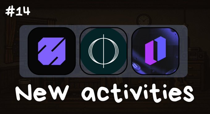 A thumbnail for video #14 titled "New activities" featuring three app icons for cryptocurrency/Web3 platforms displayed against a dark background, with a desk and clock visible behind the overlay. The image serves as a visual header introducing a post about new opportunities in the crypto space, including Melee Markets (a viral prediction market on Solana with $3.5M in pre-seed funding).