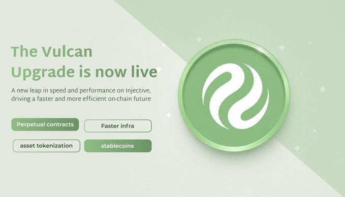 The image features a green circle with white text that reads "The Vulcan Mainnet Upgrade is now live" followed by a list of bullet points explaining the purpose of the upgrade. The main focus of the image is the green circle, which serves as the central element in conveying the message about the update.