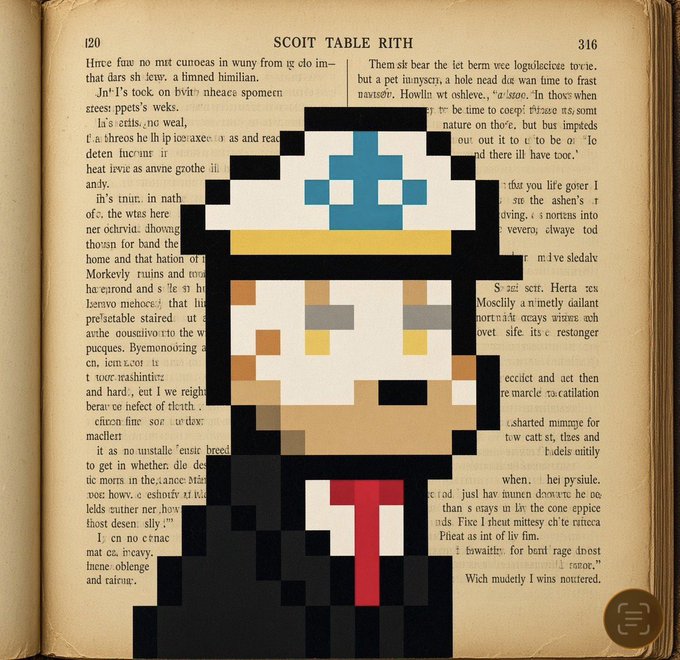 A pixel art character wearing a blue hat and suit with a red tie is overlaid on the open pages of an old book with illegible text.