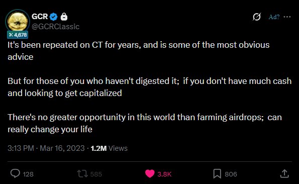 A tweet from GCR (@GCRClassic) discussing airdrops as an opportunity for those with little cash looking to get capitalized.