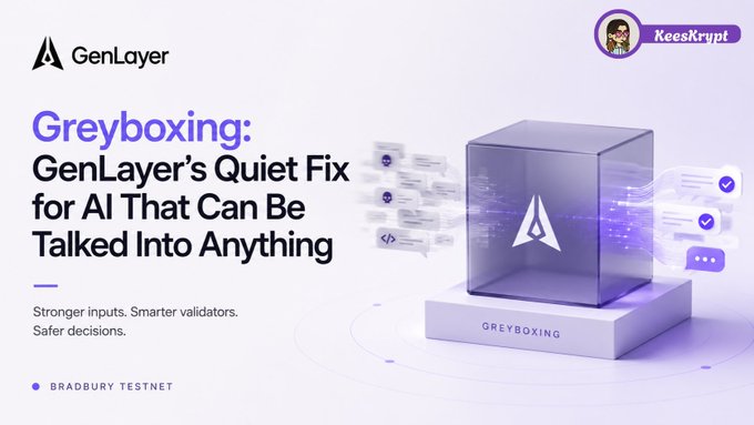 A promotional banner for GenLayer's 'Greyboxing' feature, subtitled 'GenLayer's Quiet Fix for AI That Can Be Talked Into Anything,' marked with 'Bradbury Testnet' and a KeesKrypt profile.