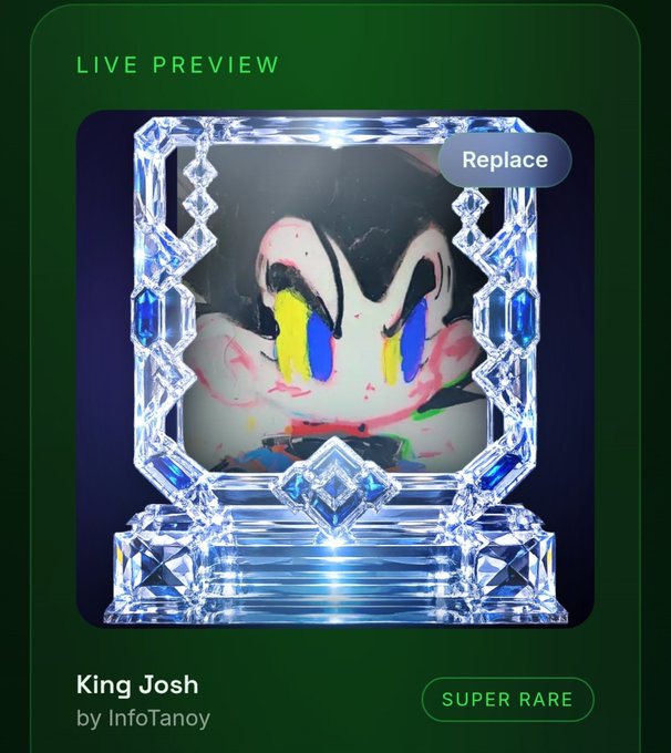 A digital collectible preview card featuring abstract face artwork framed in a crystal-like border, labeled 'King Josh by InfoTanoy' and marked 'SUPER RARE'.