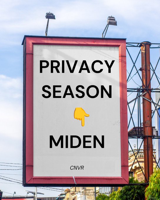 A billboard with red trim displays the text "PRIVACY SEASON" above a pointing hand emoji and the word "MIDEN," credited to "CNVR" at the bottom, set against a cloudy sky.