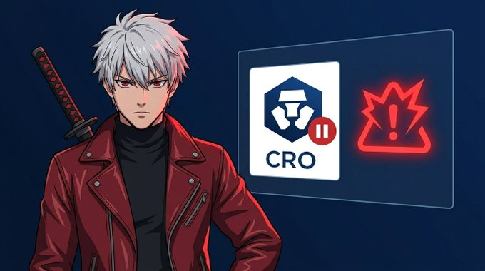 An anime-style character with white hair wearing a red leather jacket stands next to a digital display showing the Crypto.com (CRO) logo with a pause icon and a red warning alert symbol.