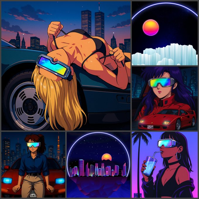 A vibrant collage of retro anime-style artwork featuring stylish women with futuristic reflective sunglasses, sports cars, and neon cityscapes under glowing moons and suns—imagery that complements the Tezos Tuesday NFT drop promotion by evoking a sleek, collectible aesthetic for the final edition opportunity on objkt.com.