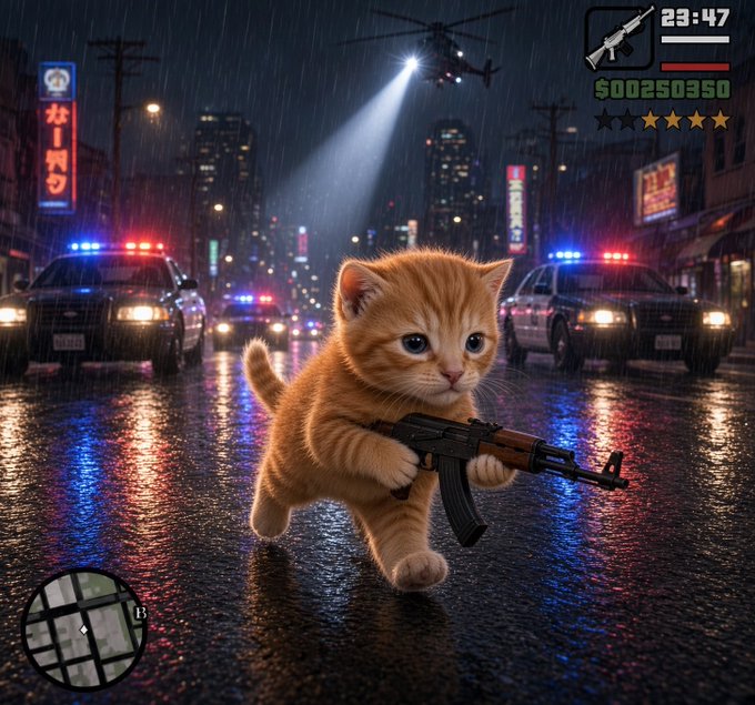 A Grand Theft Auto-style parody image shows an orange kitten carrying an AK-47 down a rainy street with police cars and a helicopter in pursuit, displaying $00250350 in-game currency.