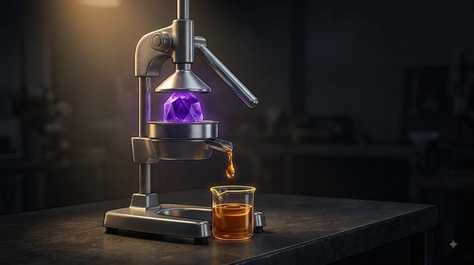 A dark, atmospheric still life depicts a manual press squeezing a glowing purple crystal, with an amber liquid dripping into a glass beaker below.