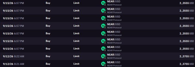 A trading history screenshot shows seven recent NEAR/USD limit buy orders at $2.3555 USD (dated 9/15/26) and two earlier buy orders at $2.3755 USD (dated 9/12/26), likely shared by user "Notsu331406" to express gratitude for input on their positions.