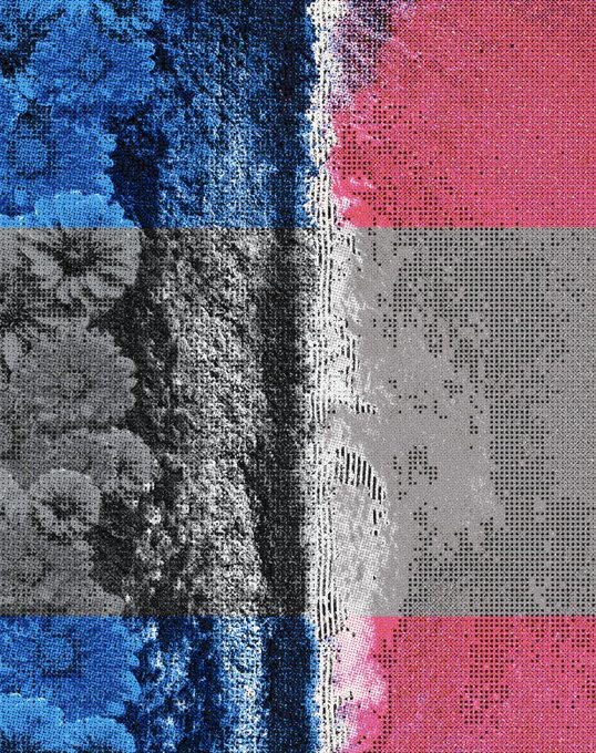 The image features a square with a unique design, composed of multiple smaller squares arranged in a grid-like pattern. Each small square has a different color - blue, pink, gray, and white. The colors used are predominantly blue, pink, and gray, creating an interesting visual effect. The arrangement of the squares is such that they overlap each other, adding depth to the image. The post reads "another day another gm. this thing don' t stop", which could be interpreted as a message about the passage of time or the continuous flow of life.