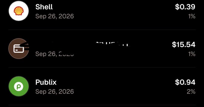 Mobile banking transaction list showing Shell for $0.39, an unidentified payment for $15.54, and Publix for $0.94, all dated Sep 26, 2026.