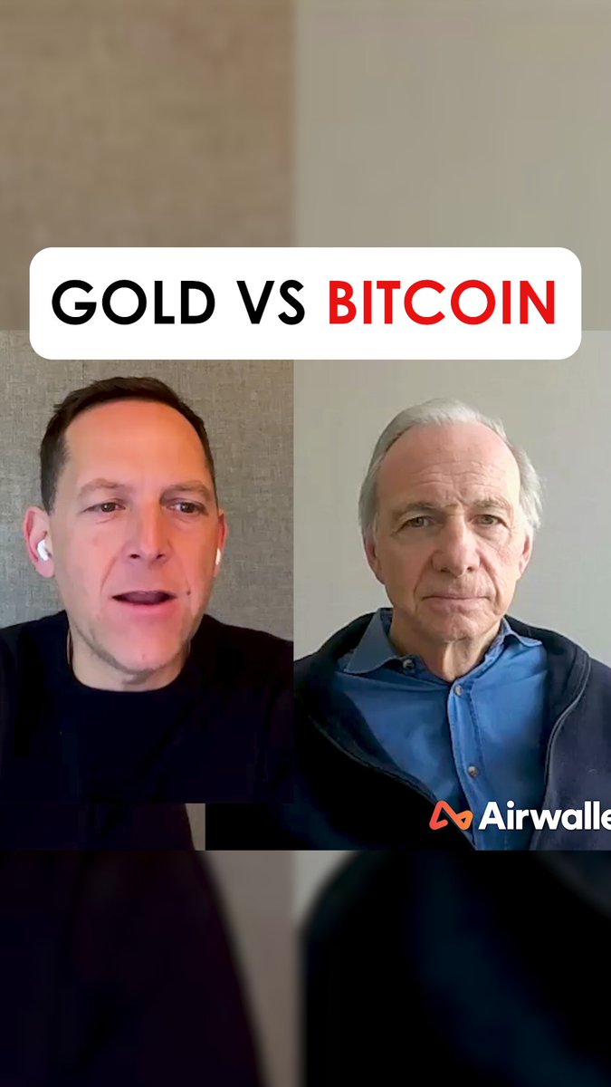 A split-screen video call image with the title 'GOLD VS BITCOIN,' featuring two men (one younger with earbuds, one older in a blue shirt and dark jacket) with an 'Airwallex' logo in the bottom right.