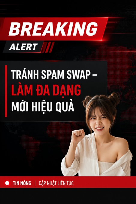 Breaking alert graphic in Vietnamese reading 'TRÁNH SPAM SWAP – LÀM ĐA DẠNG MỚI HIỆU QUẢ' with 'TIN NÓNG | CẬP NHẬT LIÊN TỤC' at the bottom, featuring a smiling woman with double buns against a red news-themed background.