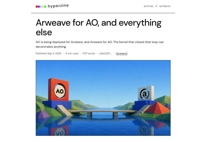 A webpage from Hyperzine titled 'Arweave for AO, and everything else,' describing how AO is being deployed for Arweave to decentralize anything, featuring an illustration of two structures labeled 'AO' and '(a)' connected by a bridge.