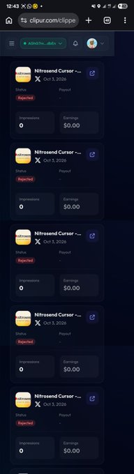 A screenshot of the Clipur app showing several 'Nitrosend Cursor' prediction events, all marked as 'Rejected' with 0 responsers and $0.00 earnings, dated between October 3-8, 2026.