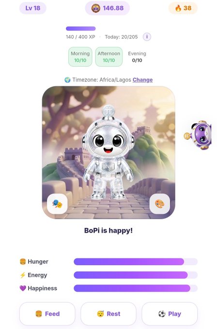 A screenshot of a virtual pet app interface showing 'BoPi is happy!' at Level 18, featuring a shiny silver robot-like character on the Great Wall of China, with stats for Hunger, Energy, and Happiness at maximum.