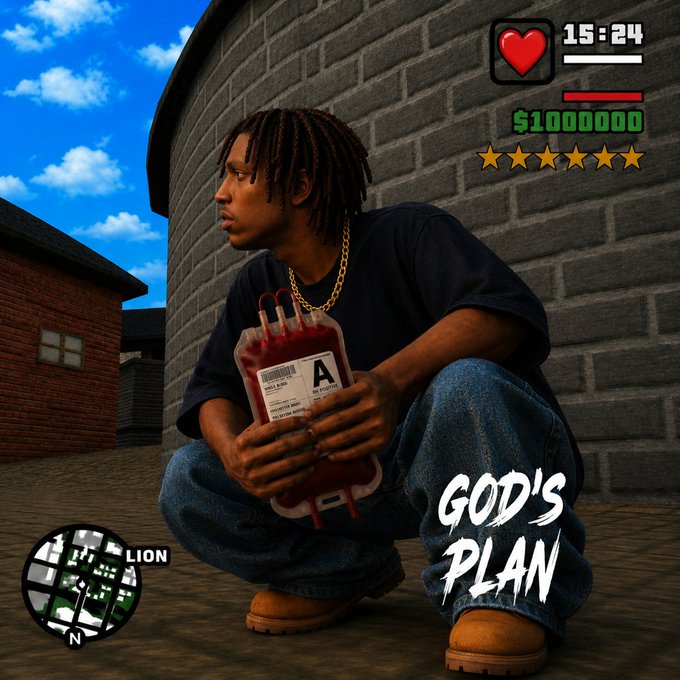 A video game-style image showing a man with dreadlocks crouching and holding a blood bag labeled 'A,' with a HUD displaying '15:24' time, '$1000000' money, a 5-star wanted level, and the text 'GOD'S PLAN' beside a mini-map marked 'LION.'