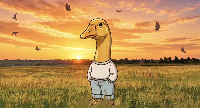 Cartoon illustration of a yellow creature with a duck-like bill wearing a sweater and shorts, standing in a wheat field at sunset with birds flying overhead.