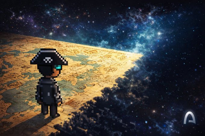 A pixel art illustration of a character in a dark hooded outfit standing on the edge of a pixelated earth, gazing at a vibrant starry space scene.
