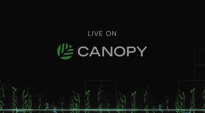 Promotional graphic with the text "LIVE ON CANOPY" displayed in white and green on a black background with grass at the bottom.