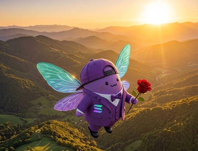 An adorable purple insect-like character with translucent fairy wings, wearing a cap and bowtie, holds a red rose while floating over a scenic mountain sunset landscape, with a Solana logo visible on its outfit.