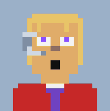 A pixel-art style portrait of a blonde character with purple eyes wearing a red jacket and purple tie against a light blue background.