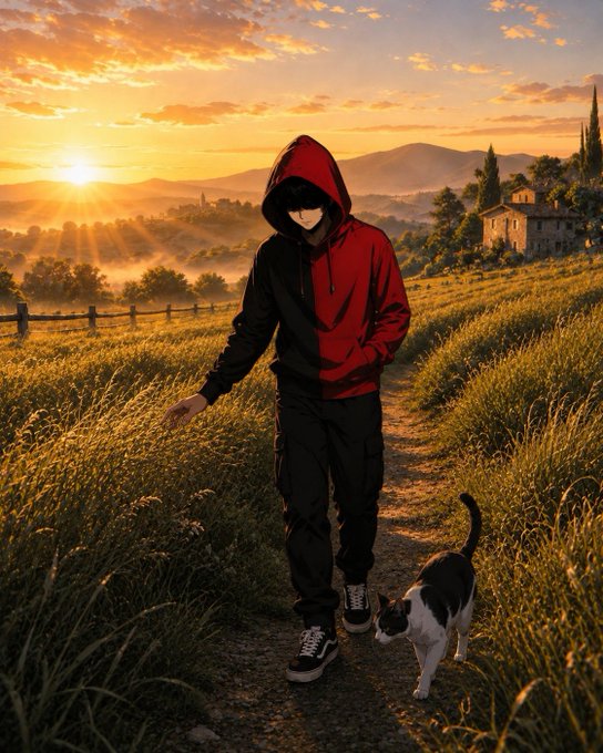 A hooded figure walks along a countryside path at sunset with a black and white cat, evoking a calm, grind-focused start to the day. The image reflects the post's "Gm Everyone Lets grind" greeting and ties to @BeldexCoin's theme of privacy, resilience, and steady progress.