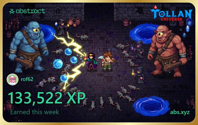 An abstract.xyz XP card for 'rof62' who earned 133,522 XP this week, featuring pixel art gameplay from 'Tollan Universe' with two large cyclops warriors and heroes casting lightning spells.