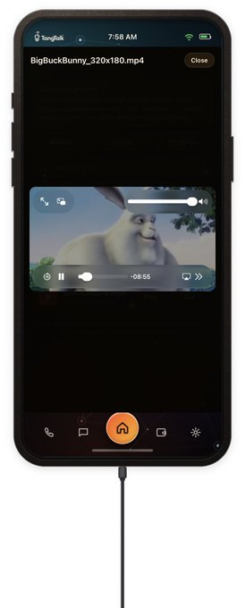 A smartphone screen shows a video player app displaying an animated movie titled 'BigBuckBunny_320x180.mp4' with a snowman character visible in the video.