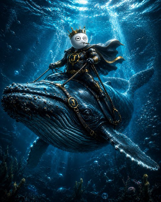 A fantasy illustration of a knight wearing a golden crown and dark armor, riding a large blue whale underwater, with a 'D' emblem on the knight's chestplate.