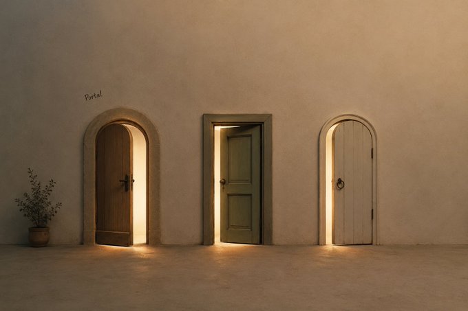 A minimalist wall featuring three differently-shaped doors, each slightly ajar with warm light spilling out; the word 'Portal' is handwritten above the leftmost door.