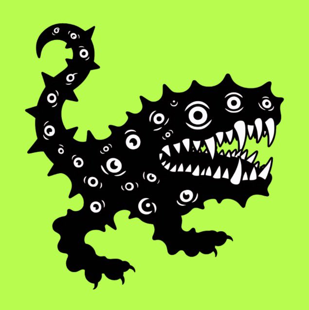 A black cartoon monster illustration featuring multiple eyes, spikes, claws, and sharp teeth on a bright green background.