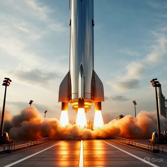 The image shows a rocket launching into space, with its three engines burning brightly as it soars upwards. The rocket is positioned at an angle, indicating that it has recently taken off from a launchpad or another celestial body. In the background, there are several buildings and streetlights, suggesting that this scene takes place in a populated area on Earth.

The image also includes a caption that reads "$DOGE To The Moon". This likely refers to the rocket's mission to explore space and potentially establish a human presence on the moon or other celestial bodies.
