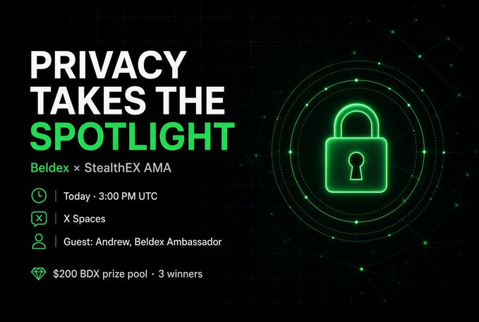 Promotional banner for 'PRIVACY TAKES THE SPOTLIGHT' Beldex × StealthEX AMA on X Spaces, featuring Andrew from Beldex, with a $200 BDX prize pool.