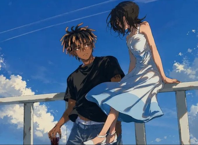 An anime-style illustration shows a young man with dreadlocks in a black shirt and a young woman in a white dress, with the number "999" visible on his arm, against a bright blue sky with clouds.