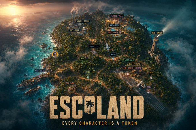 The image features an advertisement for the video game "ESCOLAND" with a map of the island displayed prominently. The island has various buildings scattered across its surface, indicating different locations within the game world. The text on the image reads "ESCOLAND is a Launchpad and Play-to-Earn game on @solana Every character you create in game is free, and each character is a token launched on Solana that generates you extra money from the fees it generates". This suggests that players can create characters within the game by completing tasks or challenges, which will then generate tokens that they can exchange for additional in-game currency. The image also includes a reference to the game's title, "ESCOLAND", and a link to the game's website, @solana.