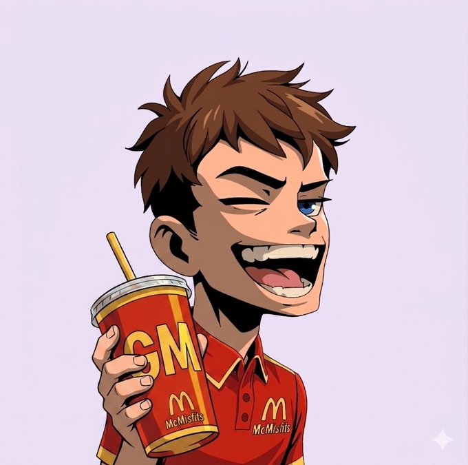 An anime-style illustration of a smiling young man with messy brown hair wearing a red polo shirt with the McDonald's 'M' logo and 'McMisfits' text, holding a red cup with 'SM' and 'McMisfits' branding.