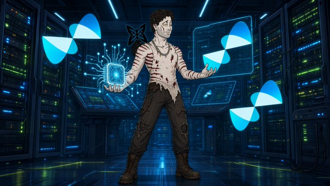 Digital illustration of a scarred character in tattered clothing holding a glowing microchip in a futuristic server room, surrounded by floating Sui (SUI) cryptocurrency logos.